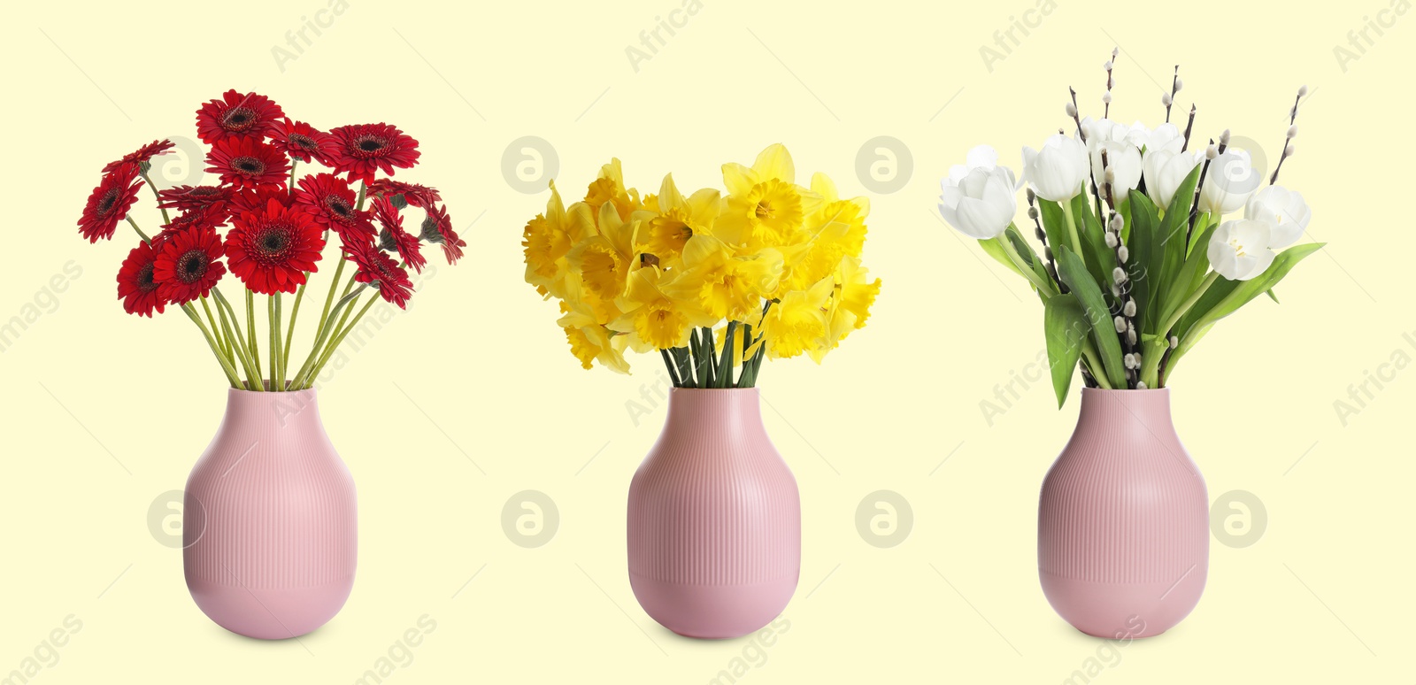 Image of Collage of stylish vase with different bouquets on pale yellow background. Banner design