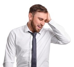 Photo of Portrait of happy businessman on white background. Personality concept