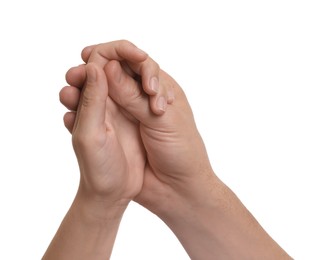 Photo of Man and woman holding hands together on white background, closeup