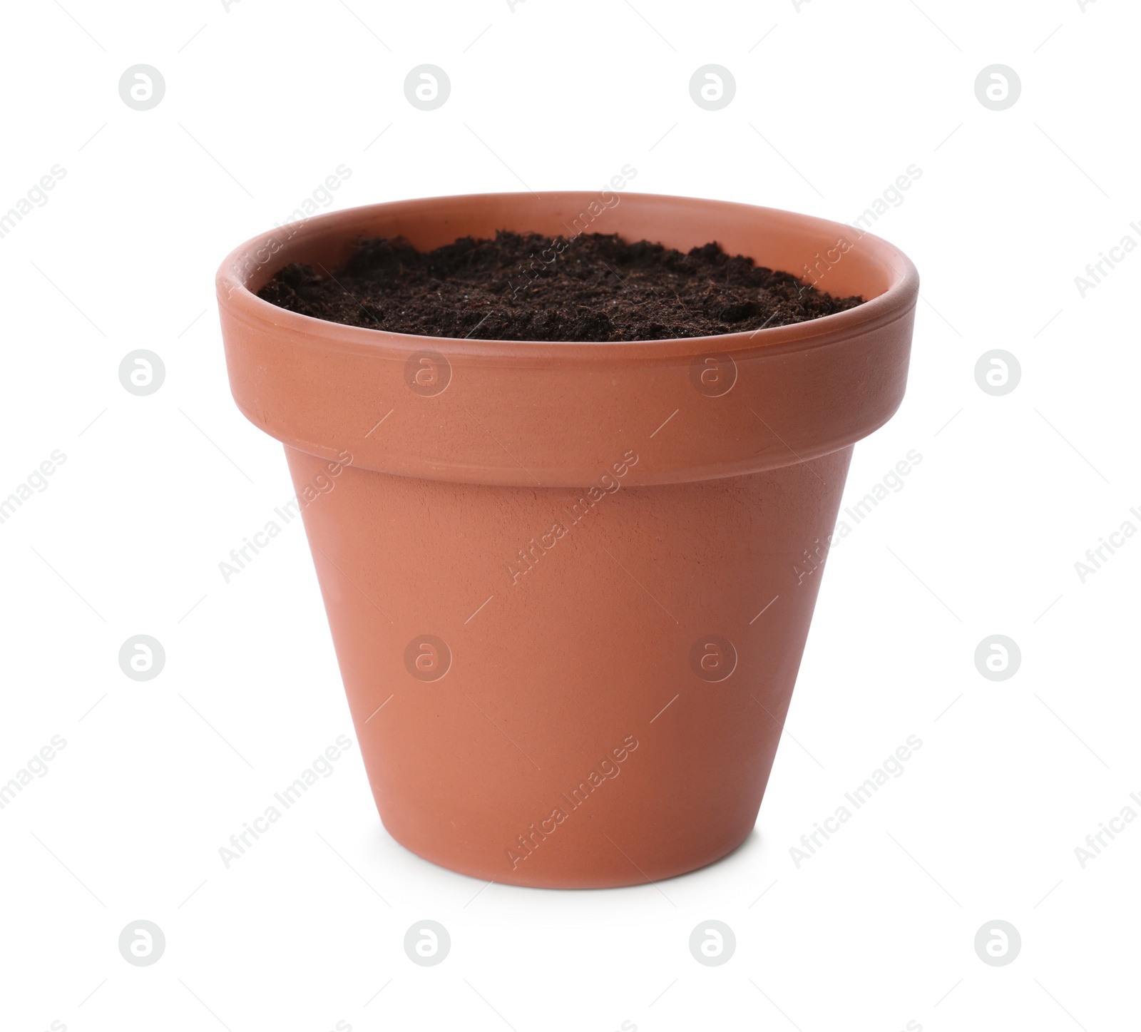 Photo of Stylish terracotta flower pot with soil isolated on white