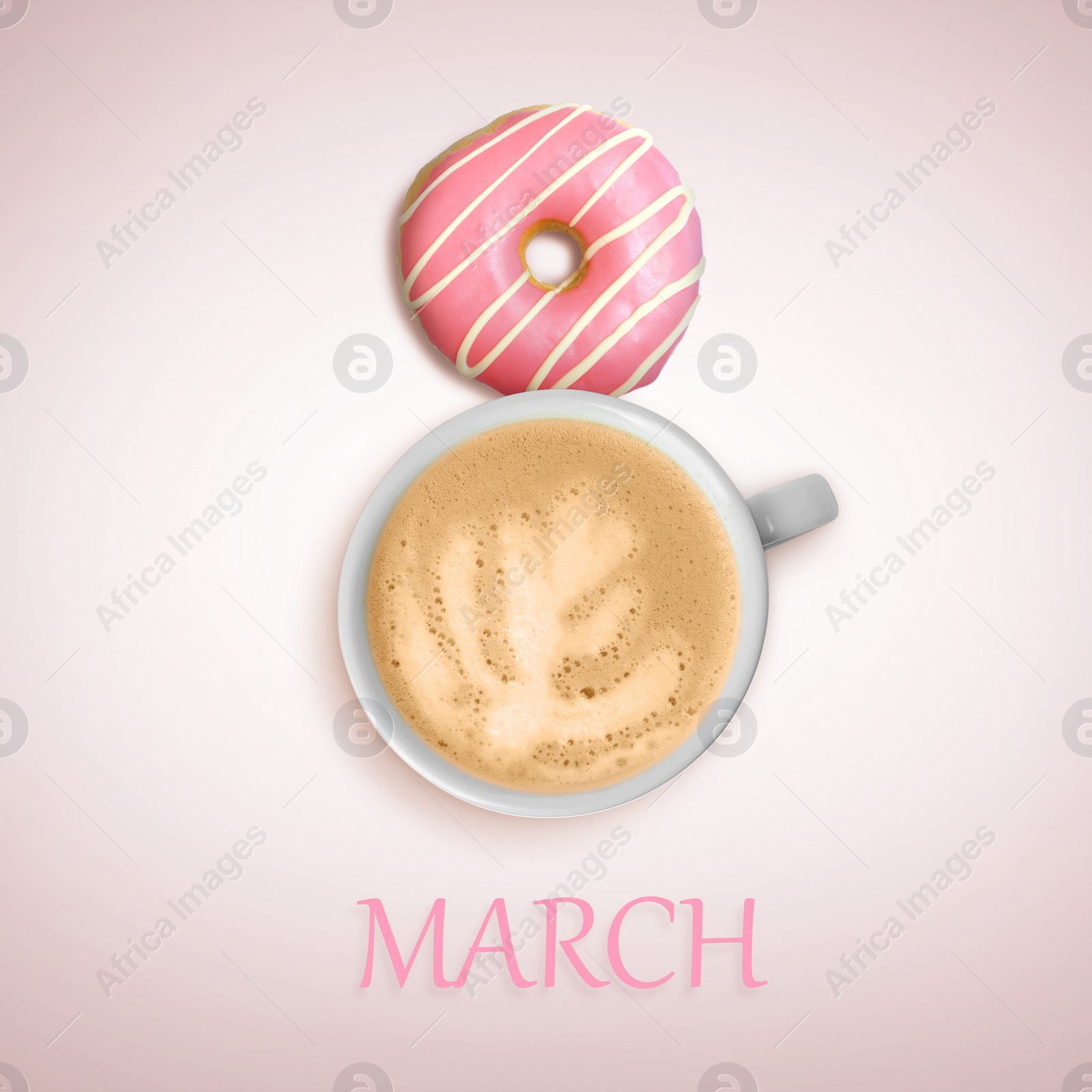 Image of 8 March - Happy International Women's Day. Card design with shape of number eight made of doughnut and cappuccino on pink background, top view