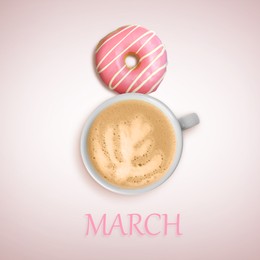 Image of 8 March - Happy International Women's Day. Card design with shape of number eight made of doughnut and cappuccino on pink background, top view
