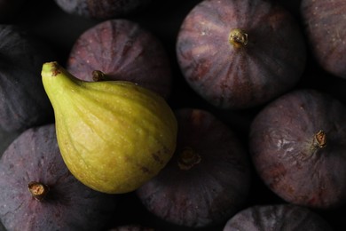 Tasty green fig on ripe purple fruits, top view