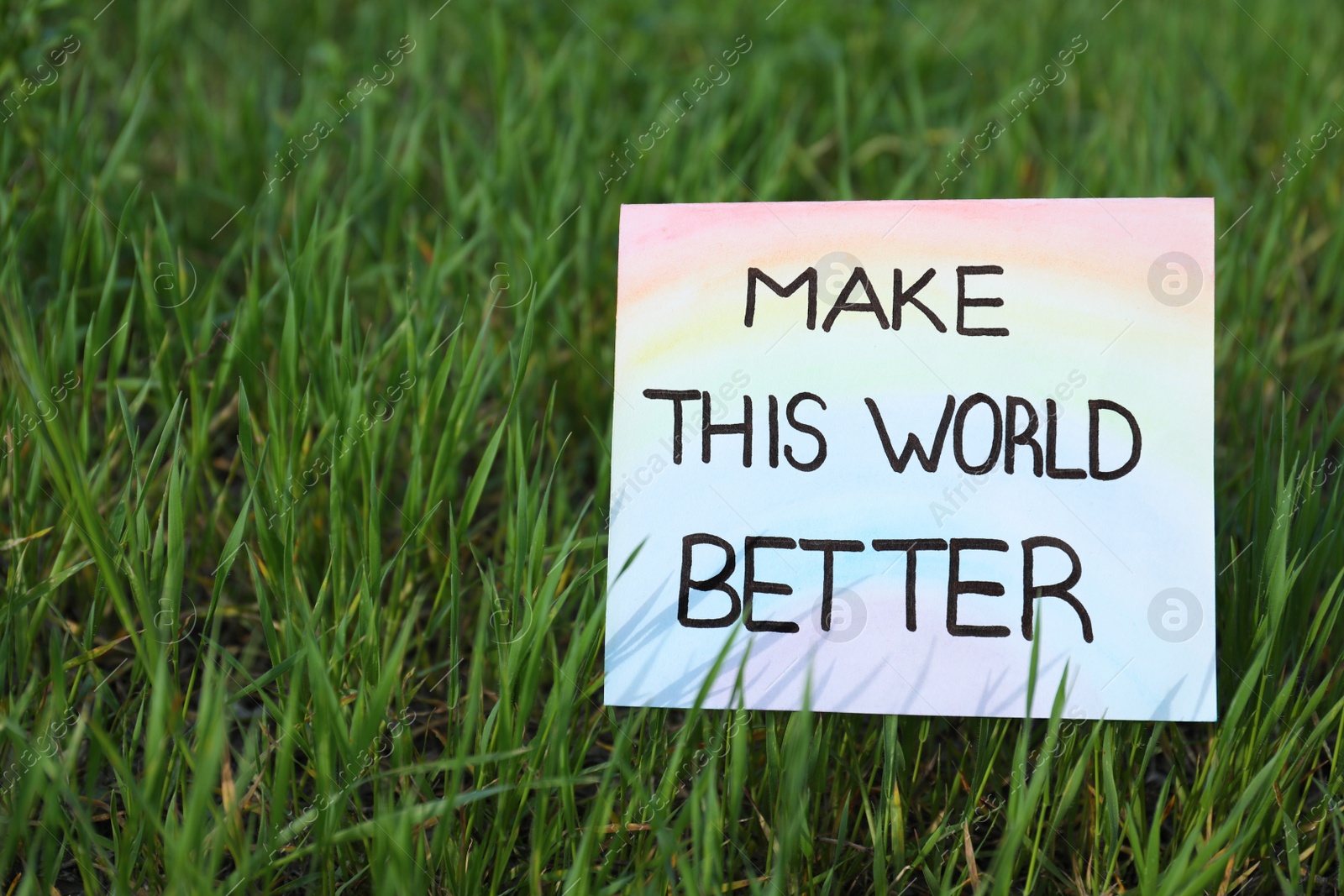 Photo of Card with phrase Make This World Better in green grass, space for text