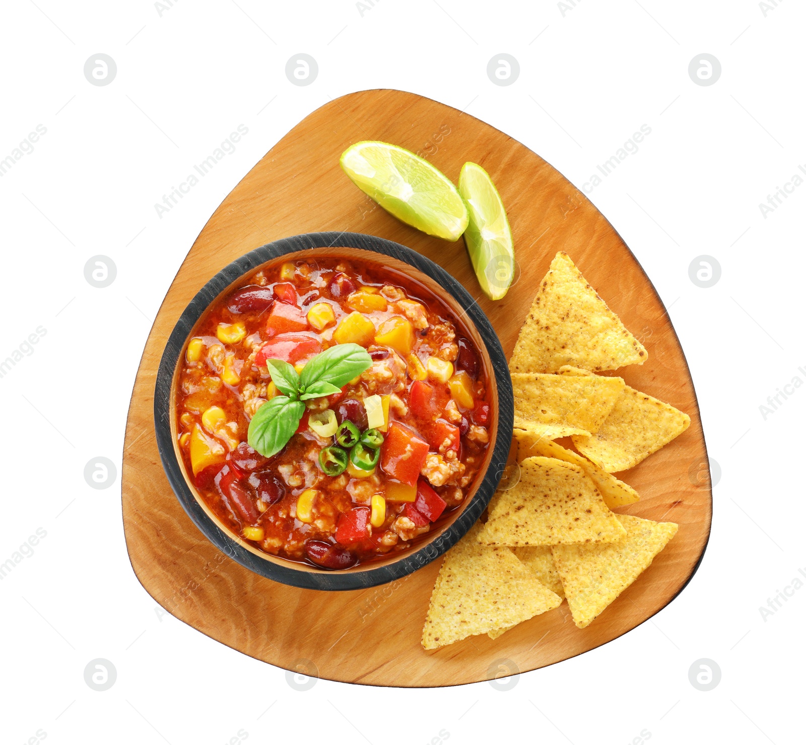 Photo of Plate with chili con carne and nachos on white background, top view