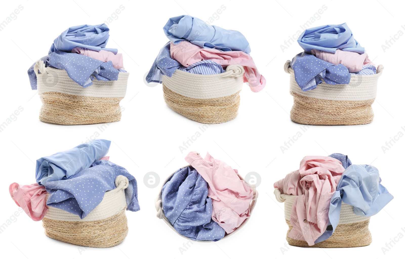 Image of Collage with wicker basket full of clothes on white background, views from different sides