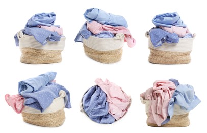 Collage with wicker basket full of clothes on white background, views from different sides