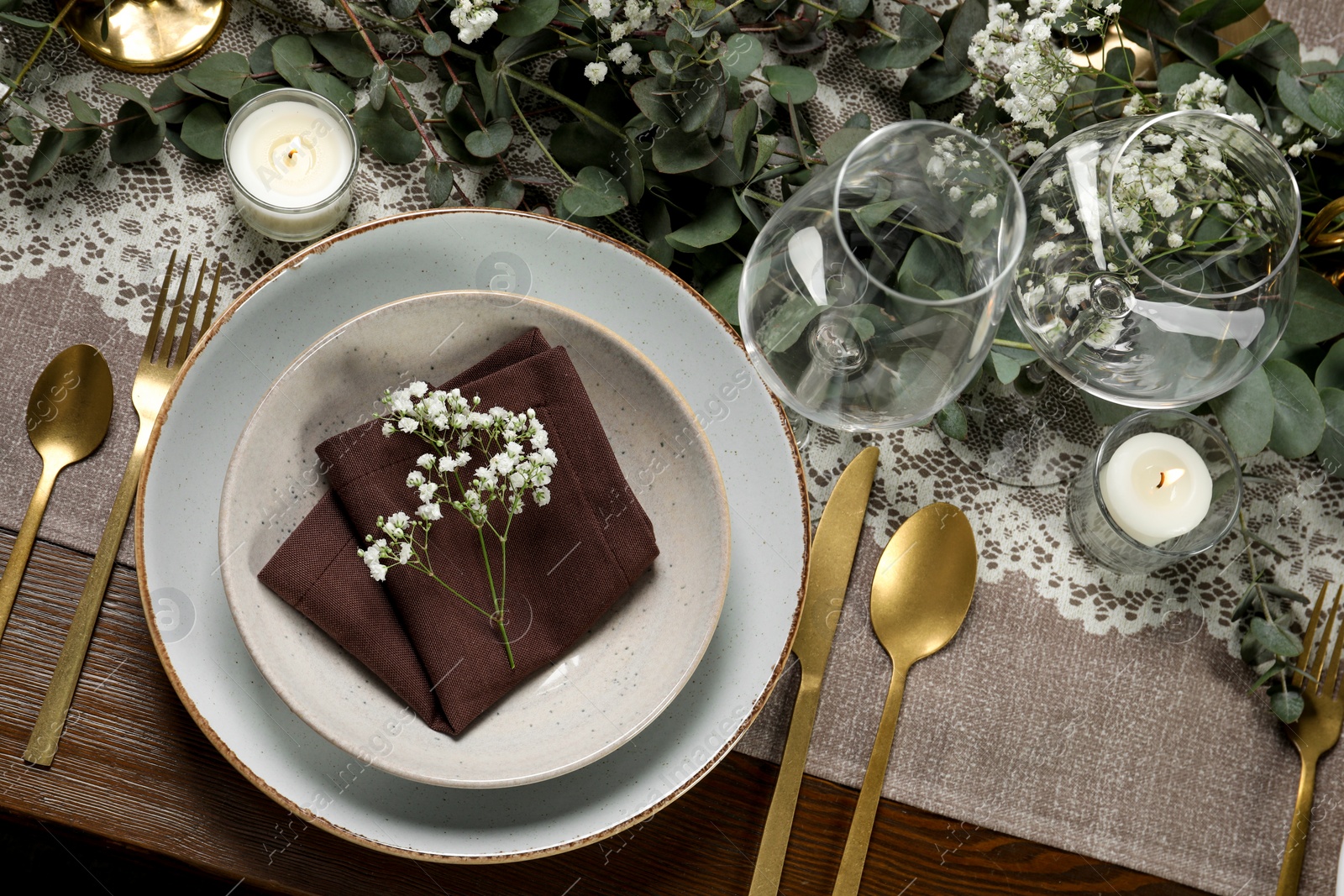 Photo of Stylish elegant table setting for festive dinner, flat lay