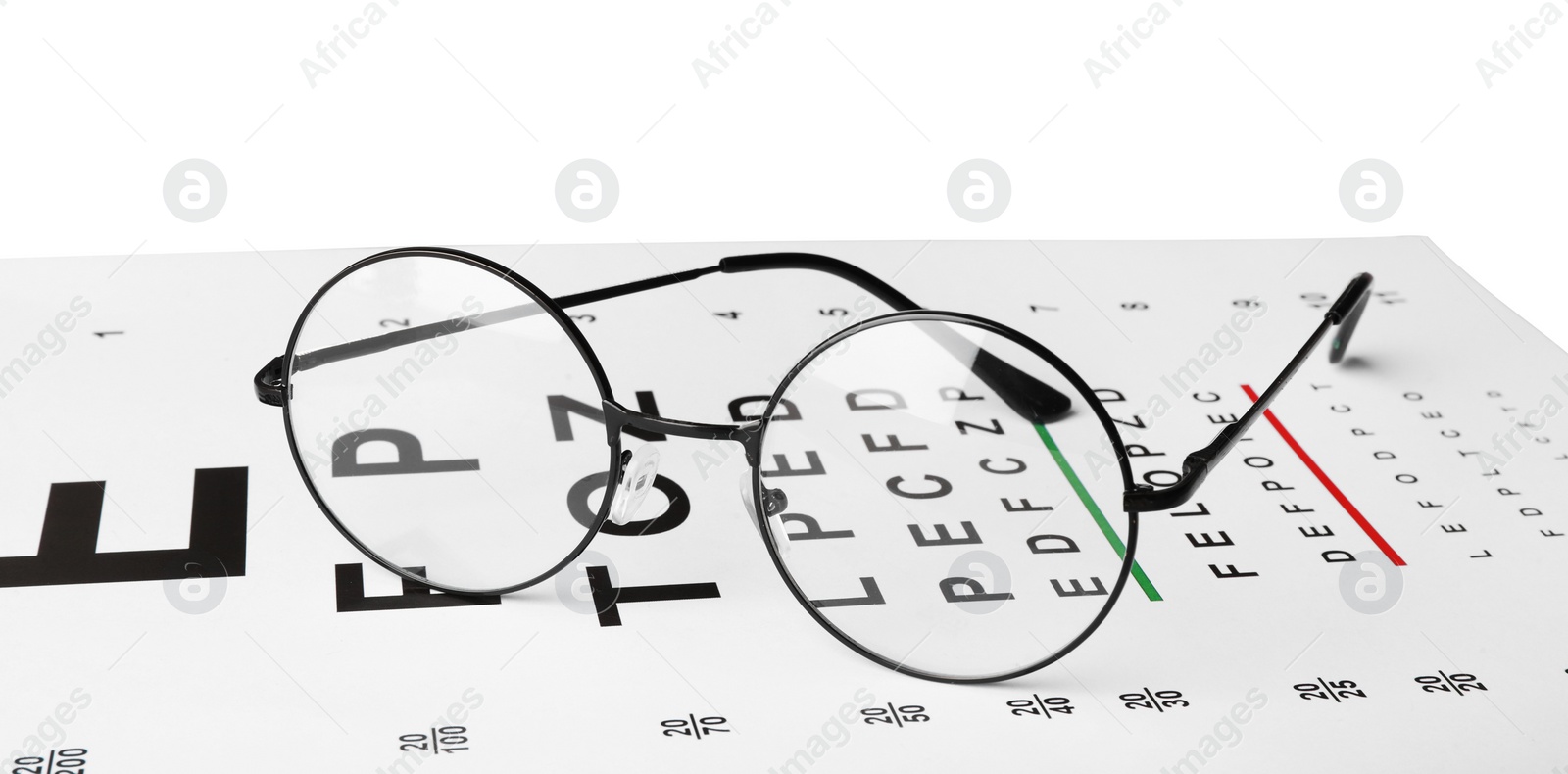 Photo of Glasses and vision test chart isolated on white