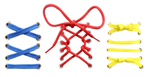Image of Different color shoe laces on white background, collage. Banner design