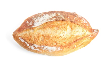 Photo of Loaf of fresh bread on white background, top view