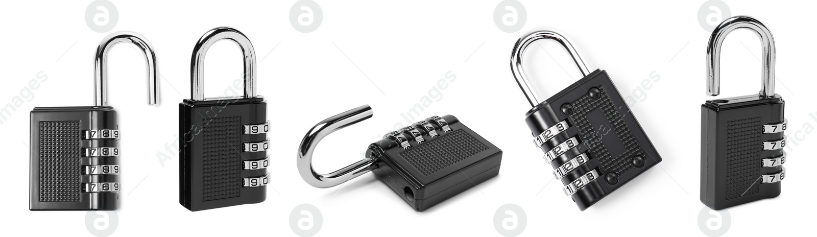 Image of Steel combination padlock isolated on white, different sides. Set