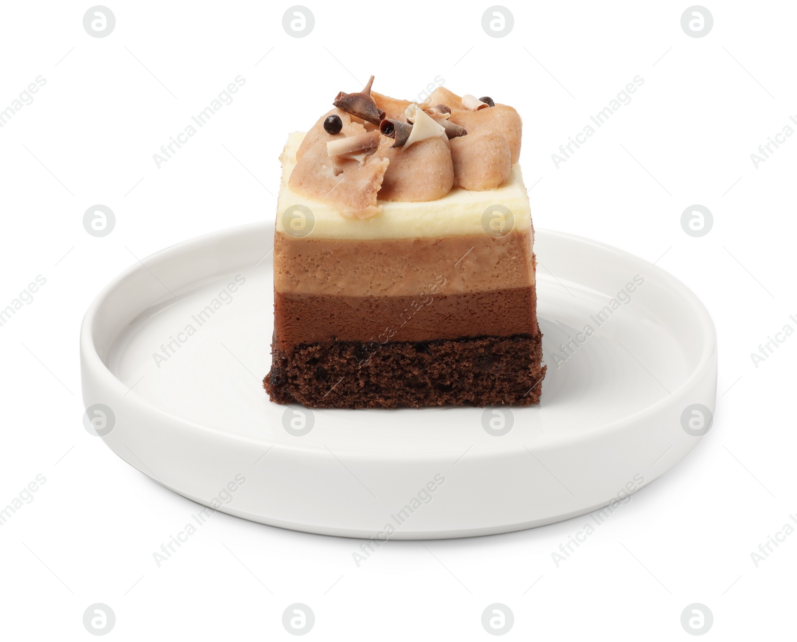 Photo of Piece of triple chocolate mousse cake on white background