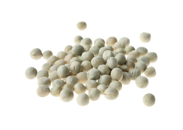Photo of Pile of raw dry peas on white background. Vegetable seeds