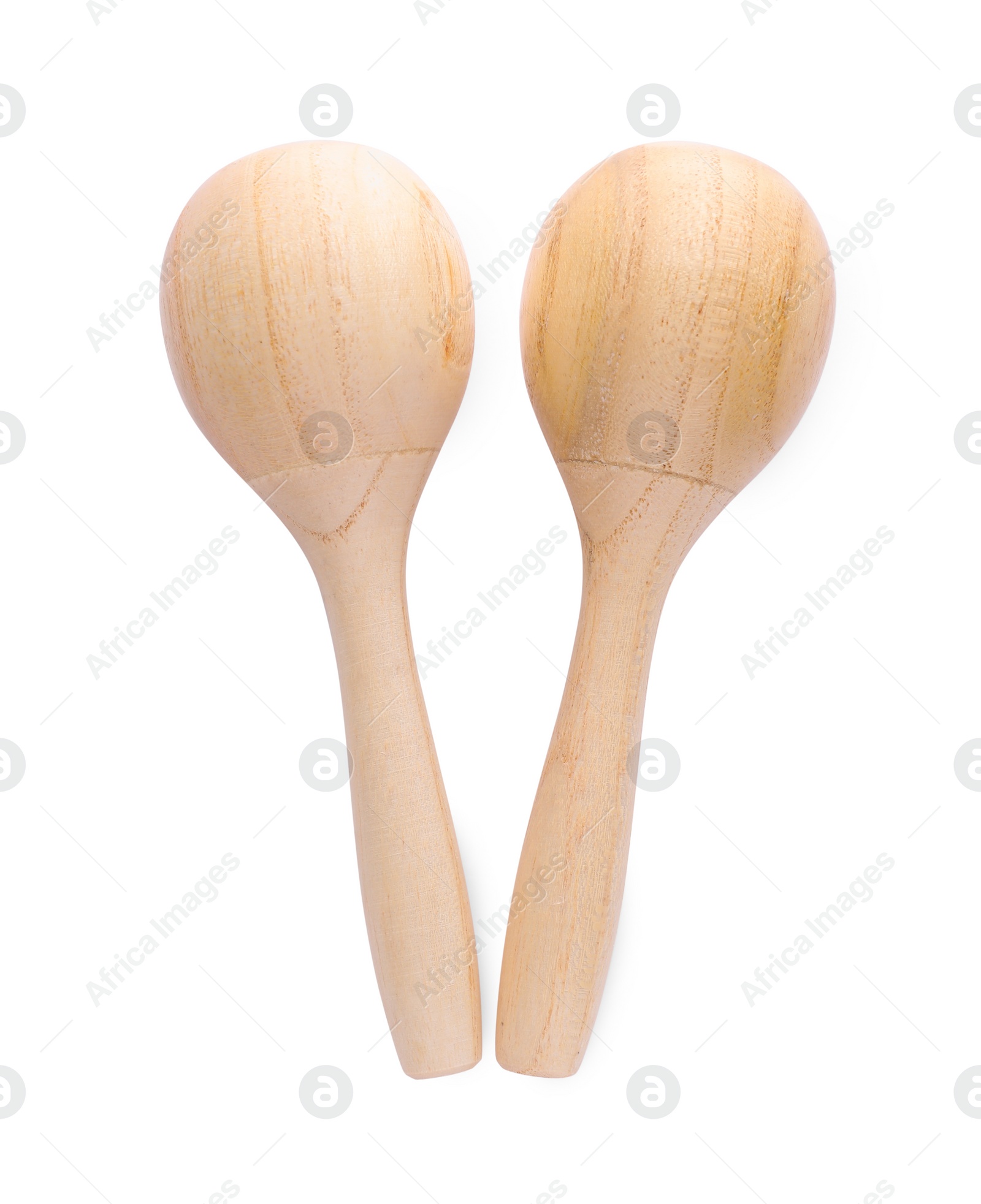 Photo of Wooden maracas isolated on white, top view. Musical instrument