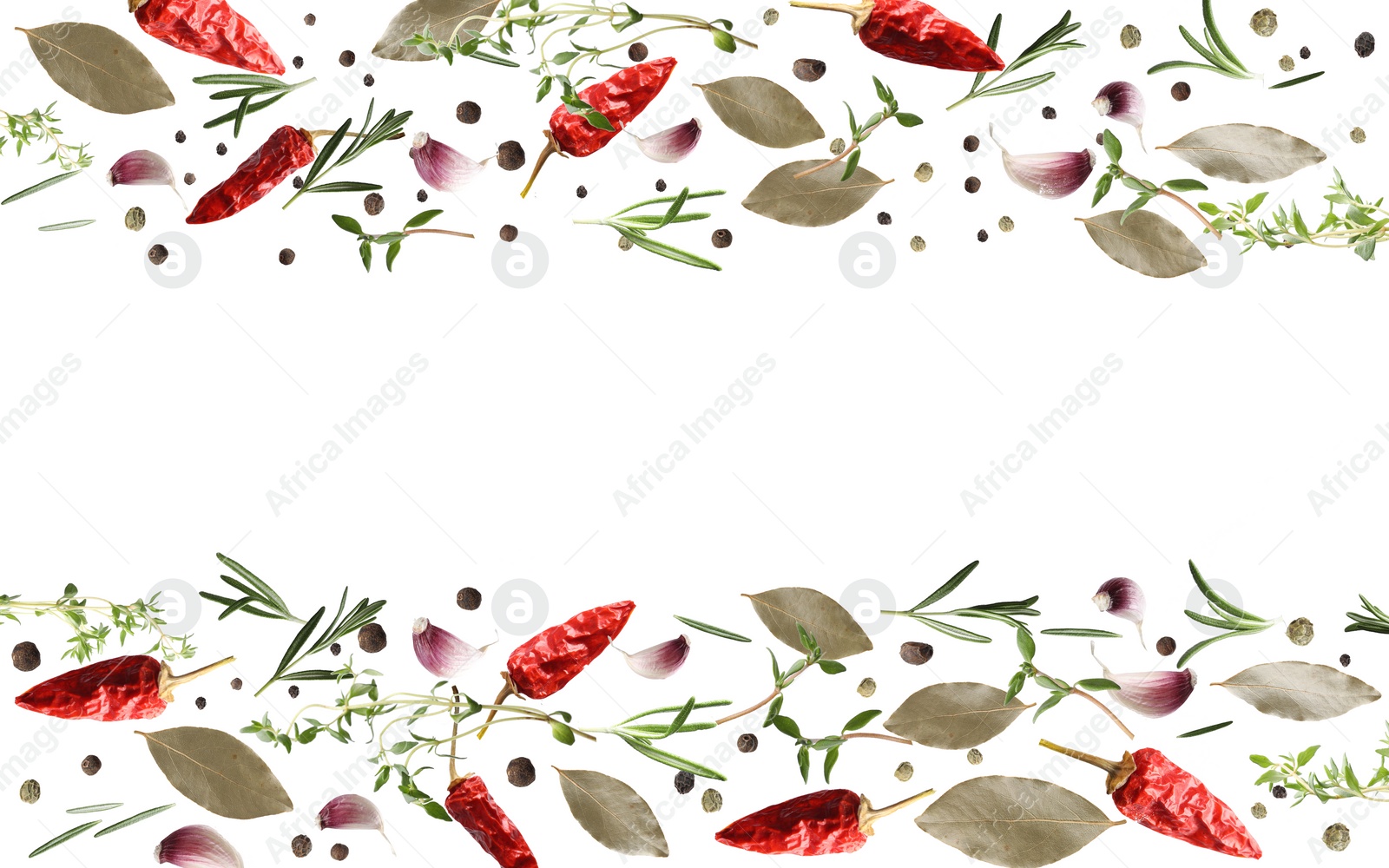 Image of Many different spices flying on white background