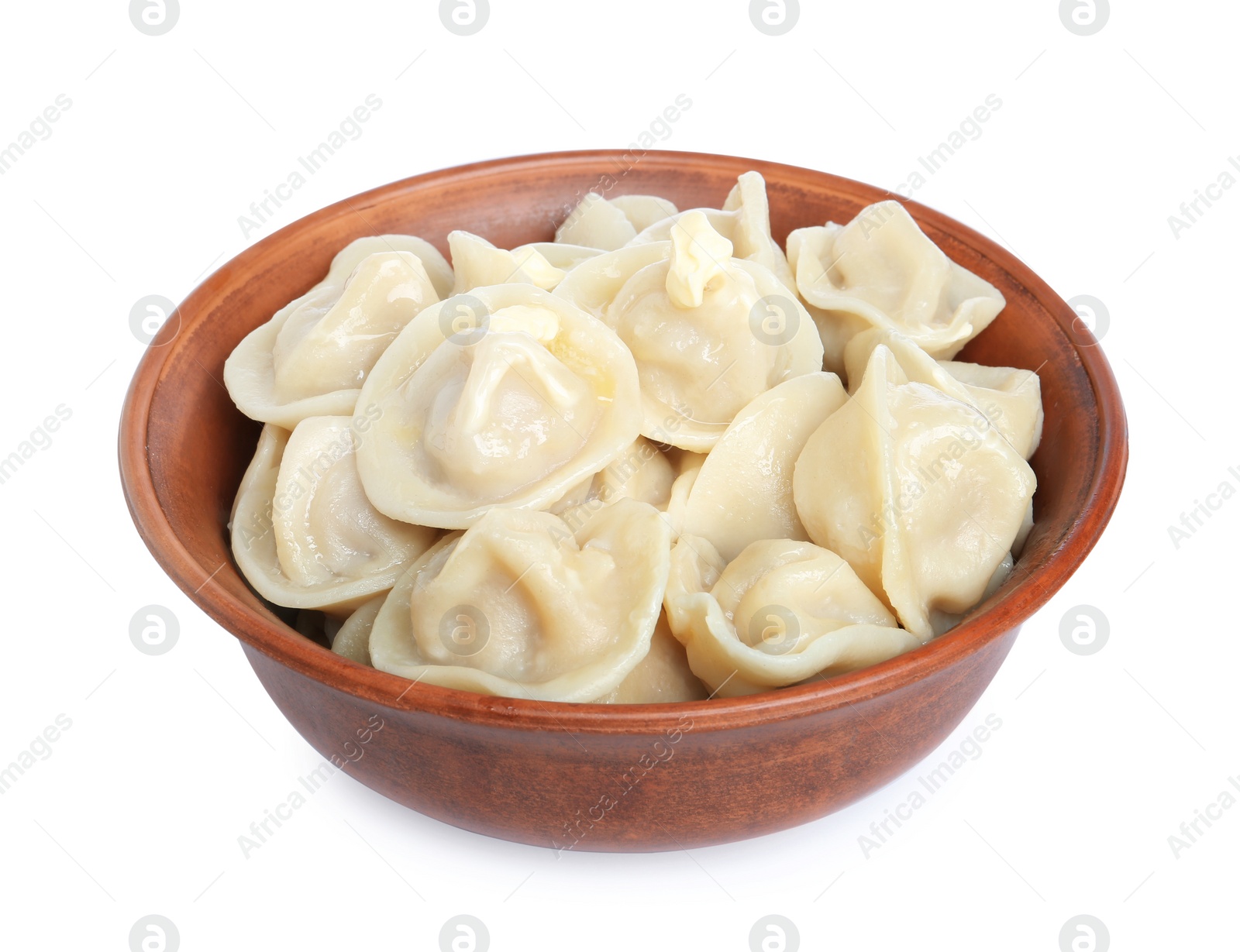 Photo of Tasty dumplings in bowl isolated on white