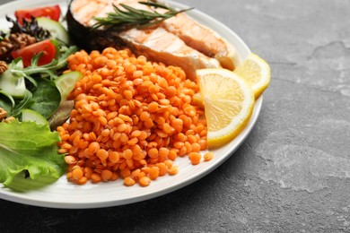 Plate with healthy food high in vegetable fats on grey textured table, closeup. Space for text