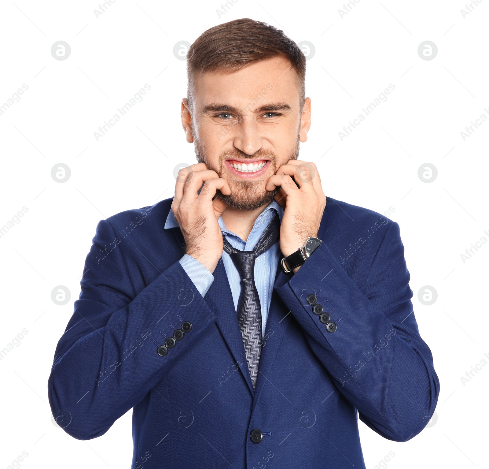 Photo of Young man scratching beard on white background. Annoying itch