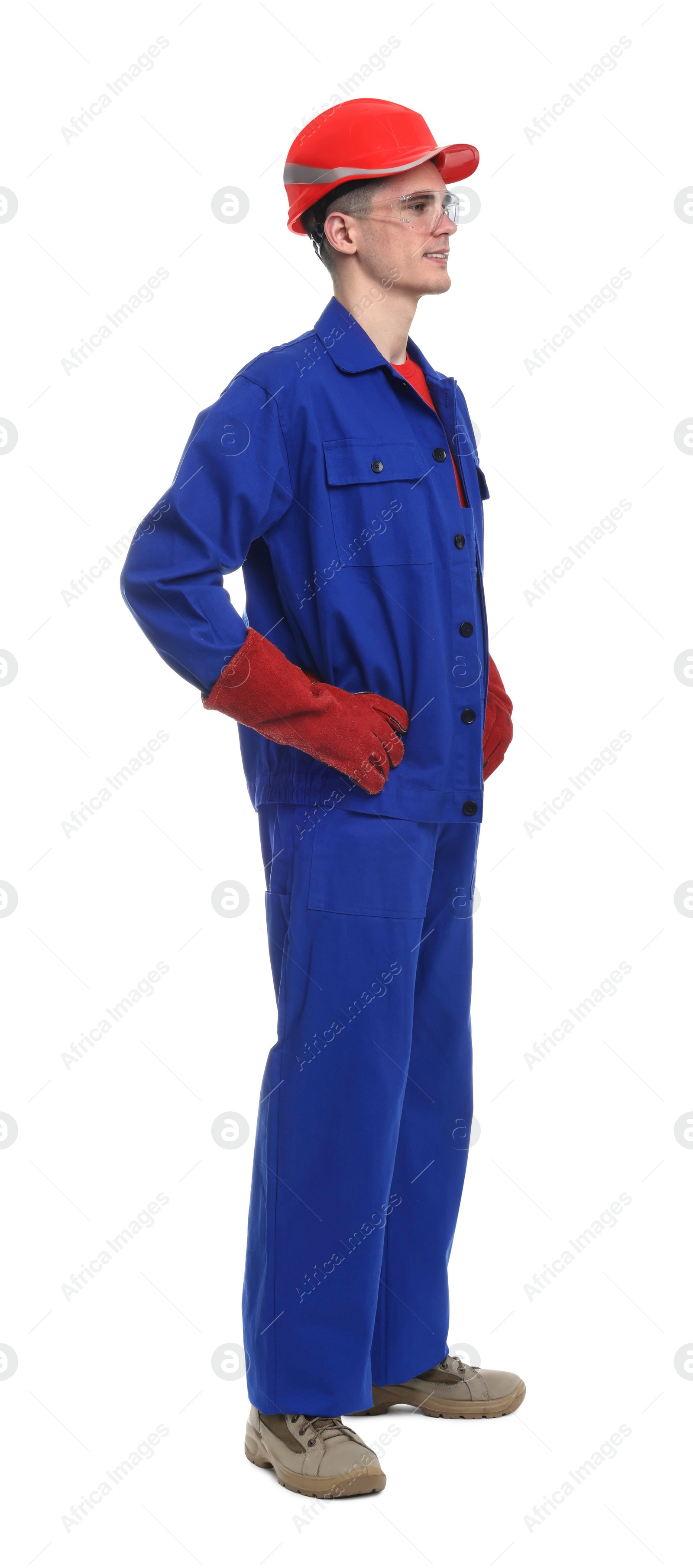 Photo of Young man wearing safety equipment on white background