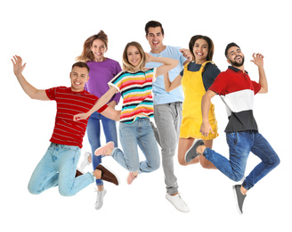 Collage of emotional people jumping on white background