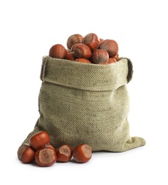 Photo of Sack and tasty organic hazelnuts on white background