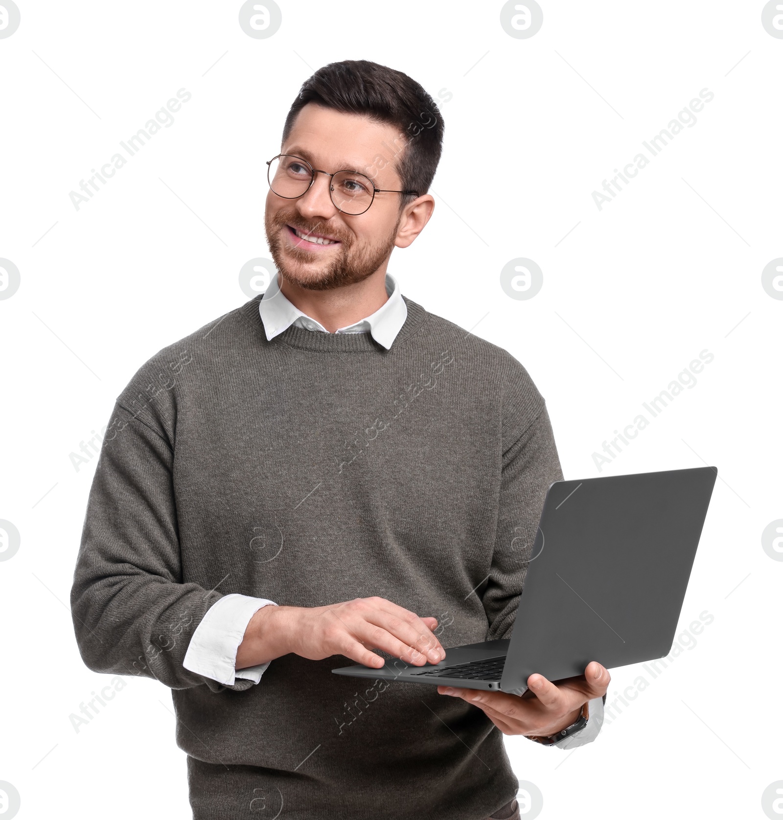 Photo of Handsome bearded businessman with laptop on white background