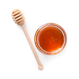 Photo of Tasty natural honey, glass jar and dipper on white background, top view