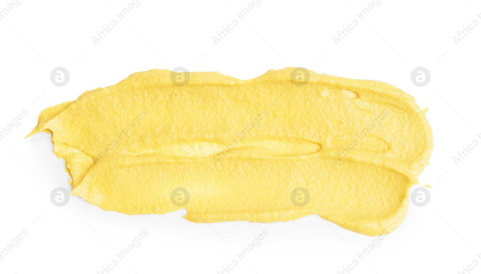 Photo of Smear of delicious mustard isolated on white, top view