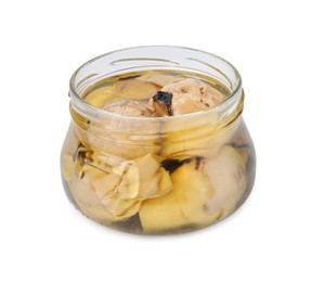 Photo of Open jar of delicious artichokes pickled in olive oil isolated on white