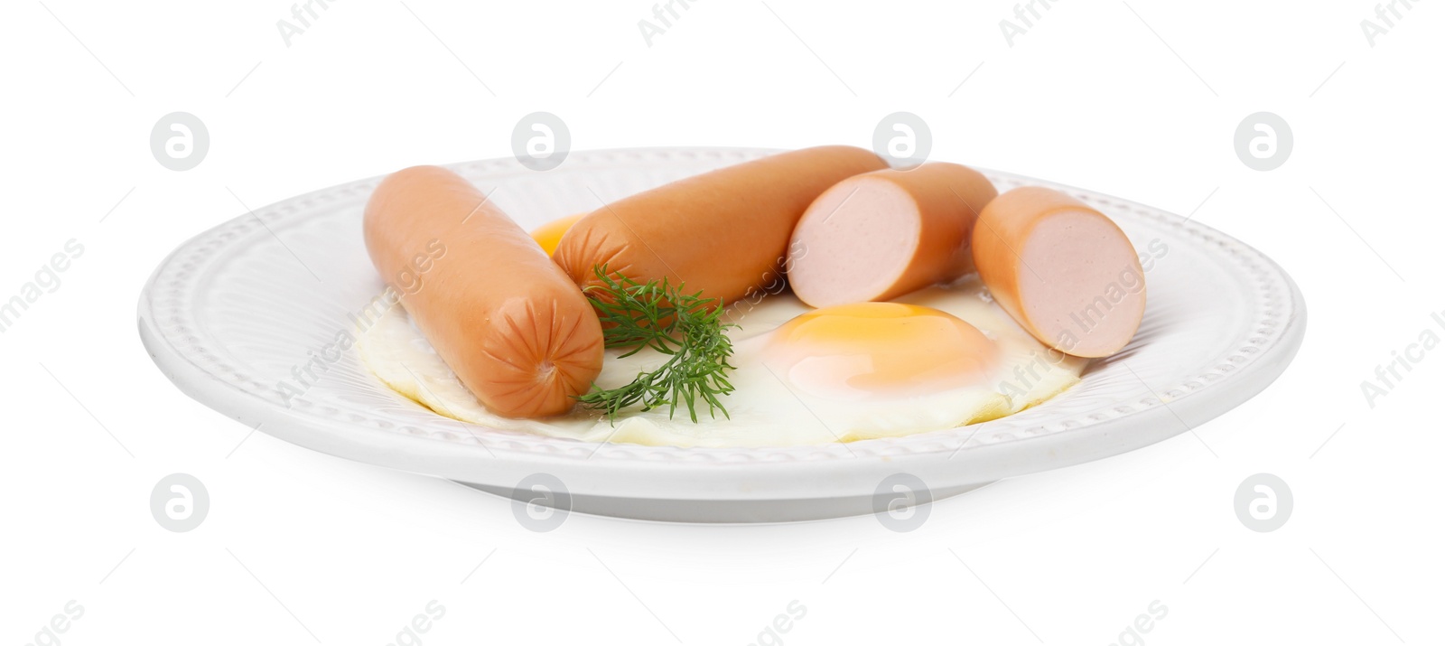 Photo of Delicious boiled sausages, fried eggs and dill isolated on white