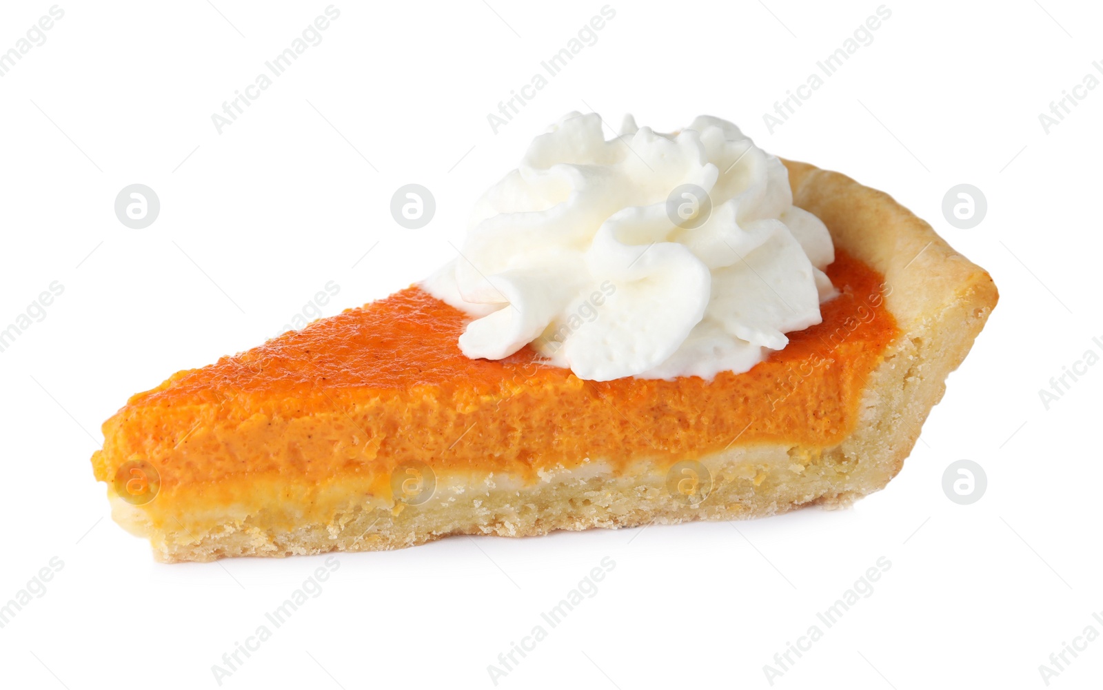 Photo of Slice of delicious homemade pumpkin pie isolated on white