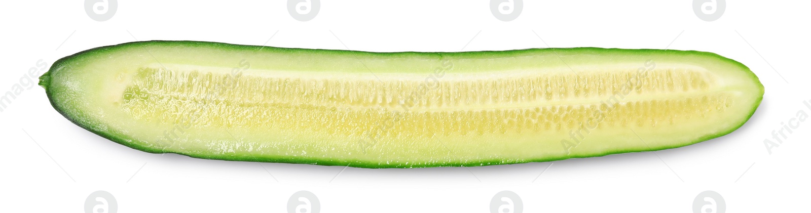 Photo of Piece of fresh cucumber isolated on white, top view