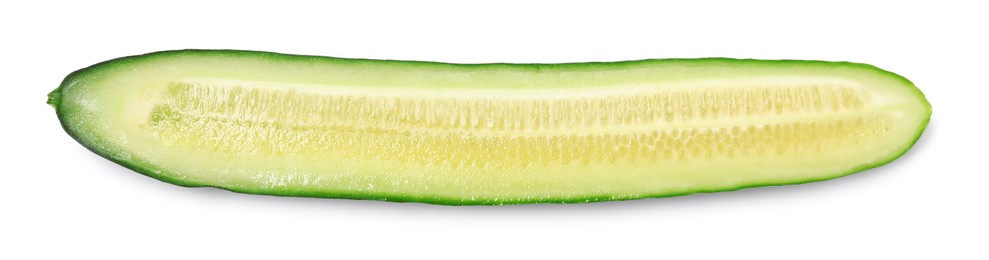 Photo of Piece of fresh cucumber isolated on white, top view