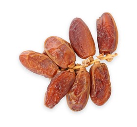 Sweet dates on branch against white background, top view. Dried fruit as healthy snack