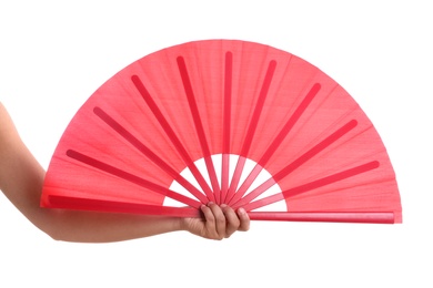 Photo of Woman holding red hand fan on white background, closeup