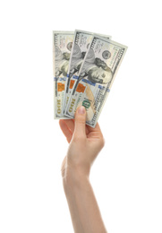 Woman with money on white background, closeup