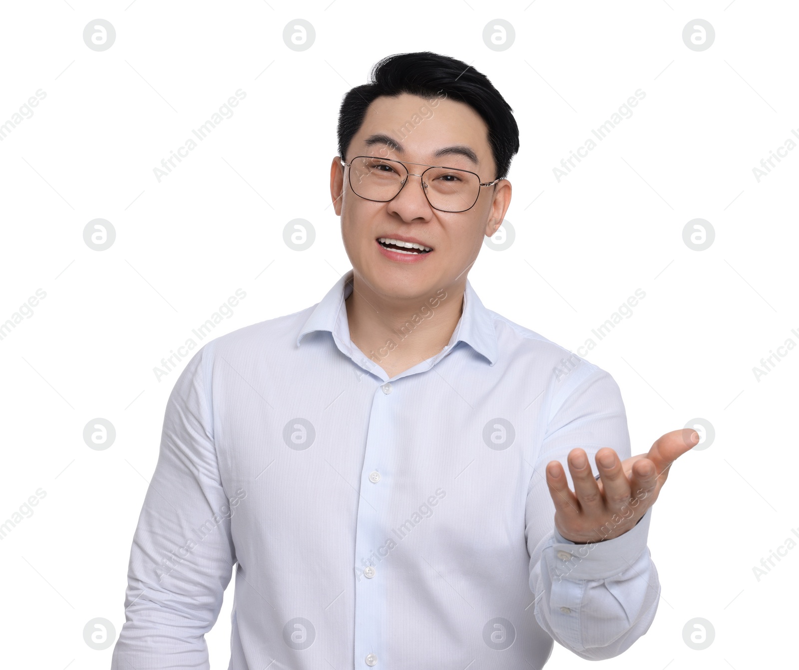 Photo of Businessman in formal clothes wearing glasses on white background