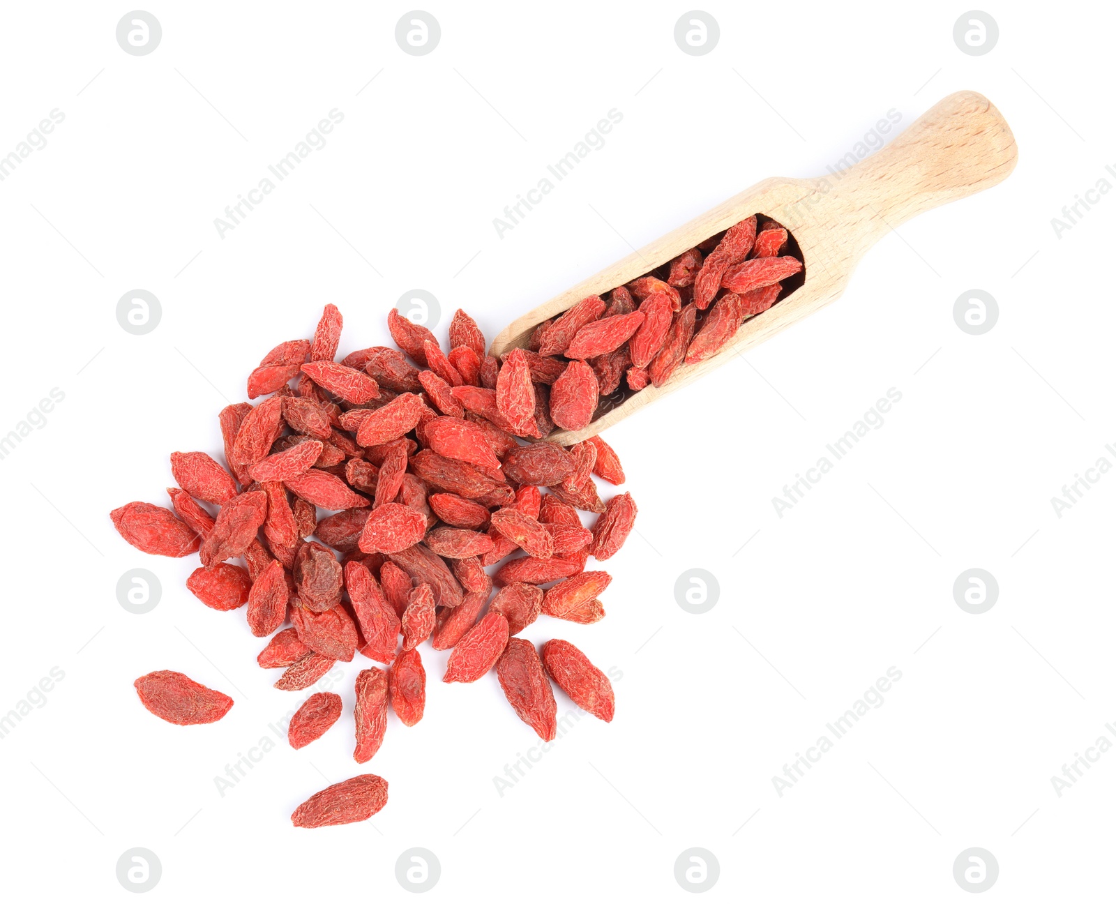 Photo of Wooden scoop with dried goji berries on white background, top view