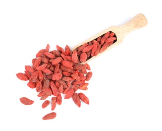 Photo of Wooden scoop with dried goji berries on white background, top view