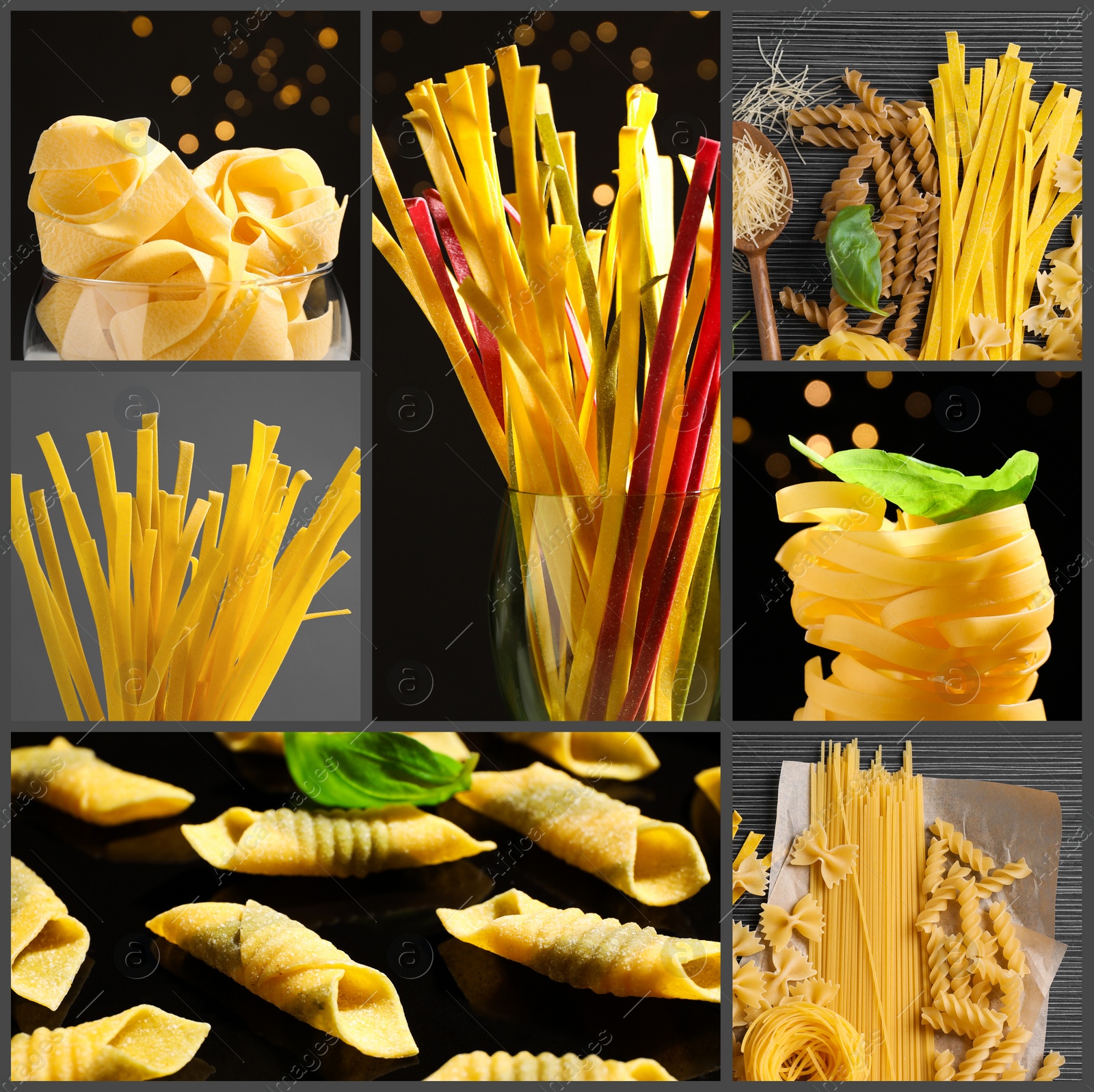 Image of Different types of uncooked pasta. Photo collage