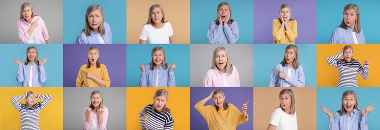 Image of Collage with photos of surprised woman on different color backgrounds