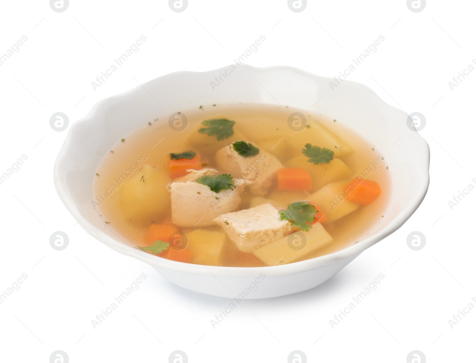 Photo of Dish with fresh homemade chicken soup on white background