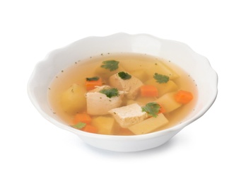 Photo of Dish with fresh homemade chicken soup on white background