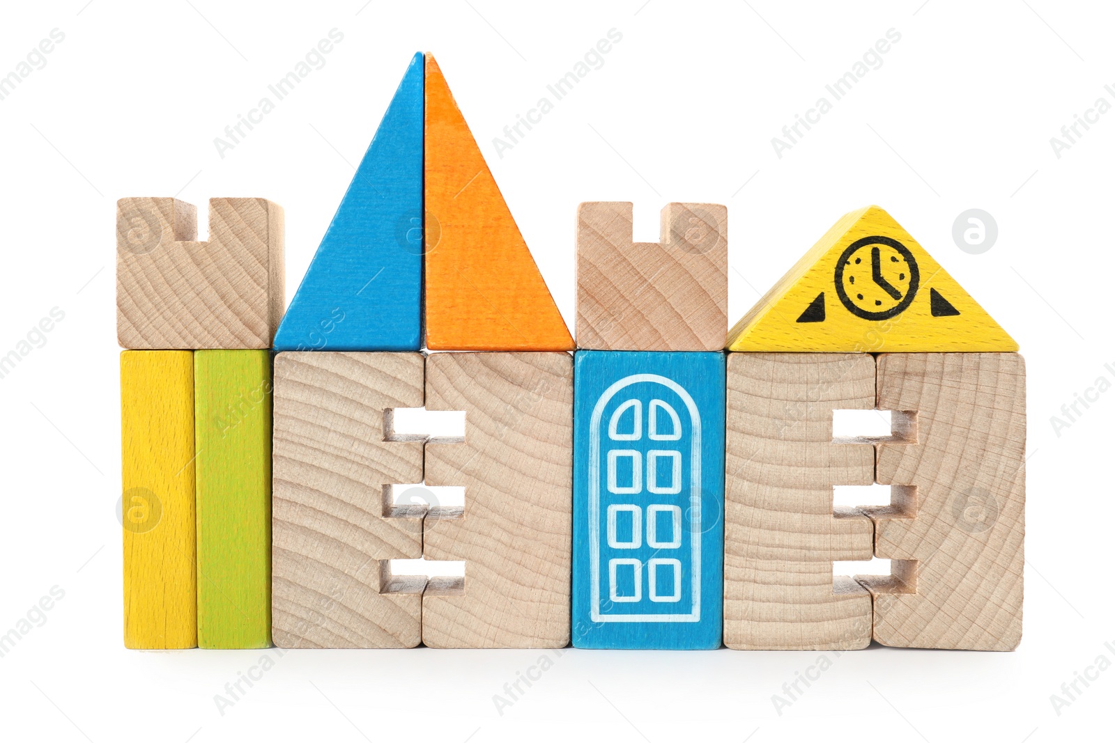 Photo of Set of wooden toys isolated on white. Children's development