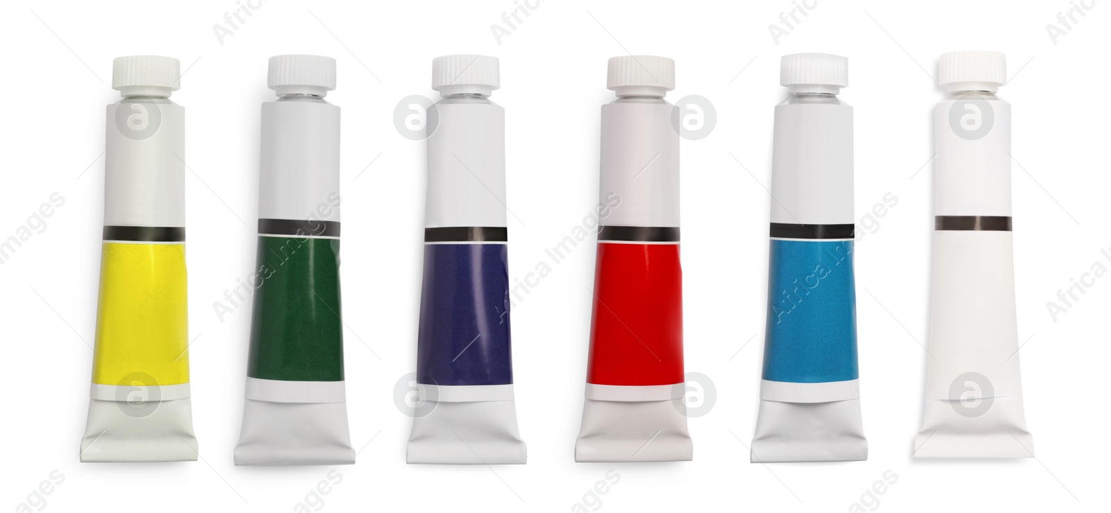 Image of Set of tubes with colorful oil paints on white background, top view