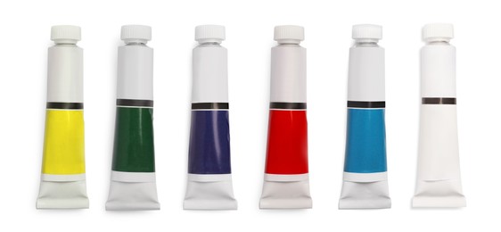 Image of Set of tubes with colorful oil paints on white background, top view