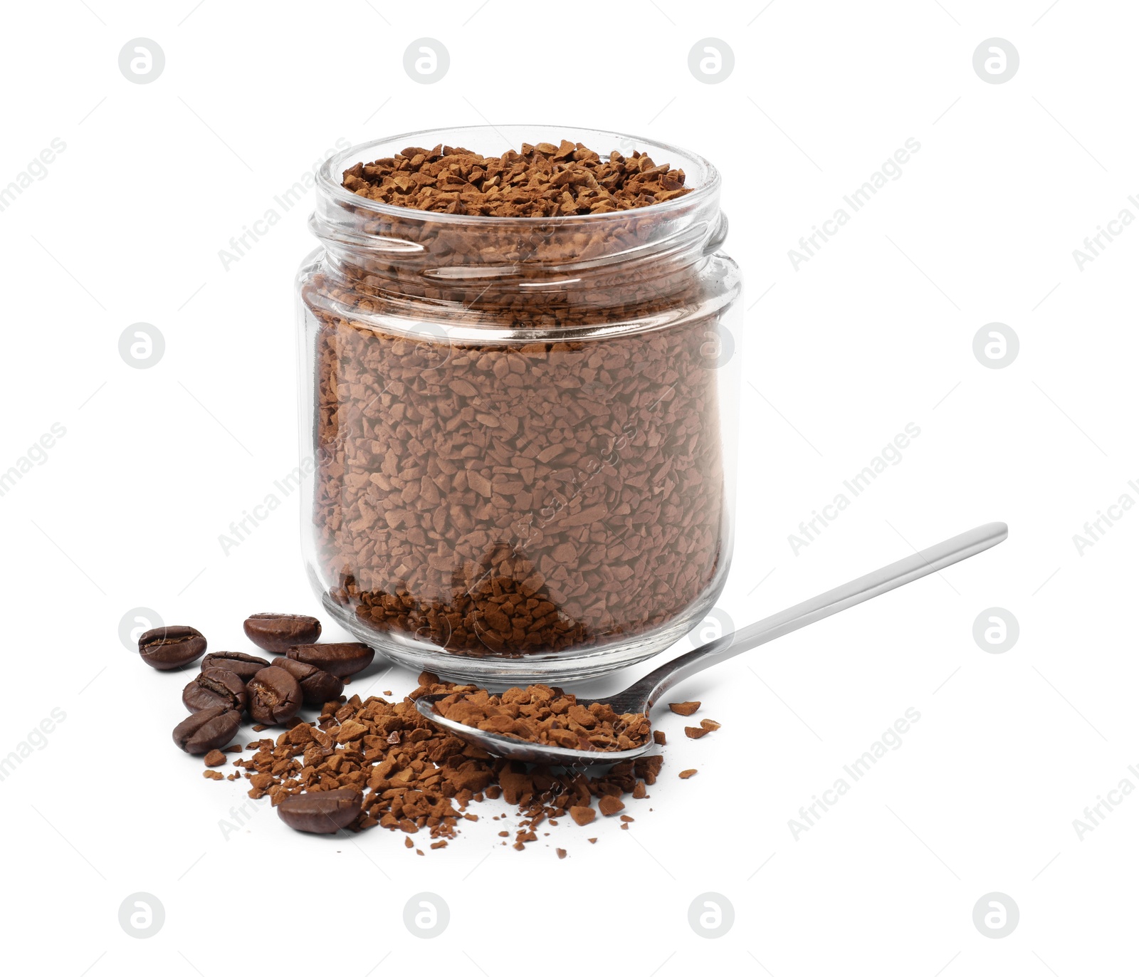 Photo of Jar and spoon with instant coffee, roasted beans on white background