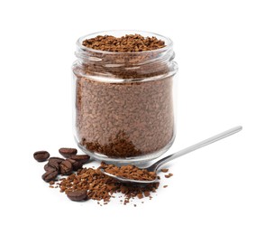 Jar and spoon with instant coffee, roasted beans on white background