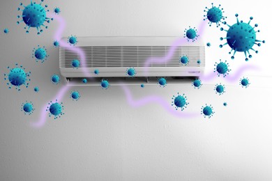 Spreading of viruses. Contaminated air conditioner on white wall indoors